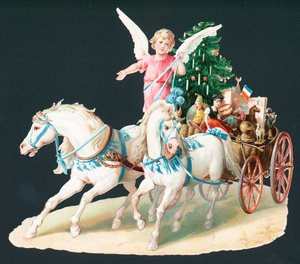 Ange à cheval livrant des cadeaux, Carte de Noël - English School