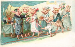 Cochons anthropomorphes accueillis à leur arrivée à une fête - English School