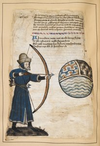 Archer (John Gower ?) tirant des flèches sur le monde pour frapper les méchants, illustration de 