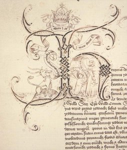 Archive 11980: Initiale décorée H de la charte royale enregistrant la concession par le roi Henri VI au New College Oxford des domaines de Newton Longville - English School
