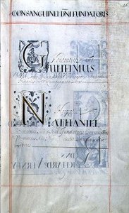 Archive 3693 f.46 Page listant trois bienfaiteurs du New College, Oxford: Gulielmus, Nathaniel, d
