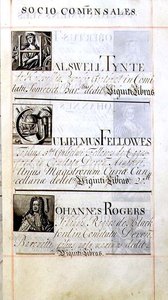 Page listant trois bienfaiteurs du New College, Oxford; Halswell Tynte, Gulielmus Fellowes et Johannes Rogers, d