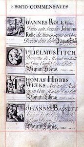 Page listant quatre bienfaiteurs du New College, Oxford; Joannes Rolle, Gulielmus Fitch, Thomas Hobbs Weeks et Johannes Bassett, d