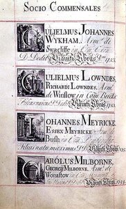 Archive 3693 f.94v Page listant quatre bienfaiteurs du New College, Oxford; Gulielmus Johannes Wykham, Gulielmus Lowndes, Johannes Meyricke et Carolus Milborne - English School