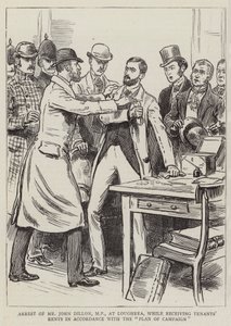 Arrestation de M. John Dillon, MP, à Loughrea, lors de la réception des loyers des locataires conformément au "Plan de campagne" (gravure)