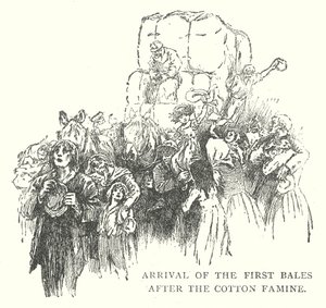 Arrivée des premières balles après la famine du coton (gravure) - English School