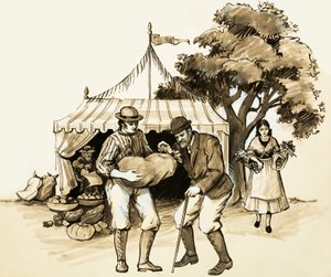 À une foire de campagne, un fermier avisé vérifie ses achats - English School