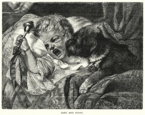 Bébé et chiot (gravure)
