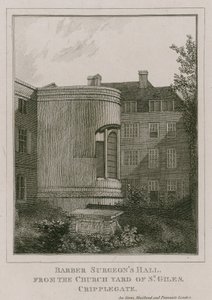 Barber Surgeons Hall, Monkwell Street, Londres, vu du cimetière de l