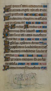Scène en bas de page montrant Thomas Becket et ses compagnons traversant la Manche en bateau alors qu