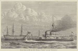 Navires de combat de 1800 et 1875, le "Victory" et le "Devastation" de Nelson (gravure)