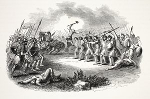 Bataille de Rhuddlan Marsh, publié au 19ème siècle (gravure sur acier) - English School