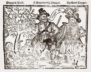 Tous les mendiants : Beggars Bush, un mendiant errant et un mendiant galant, page de titre de The Praise, Antiquity and Commodity of Beggary, Beggars and Begging - English School