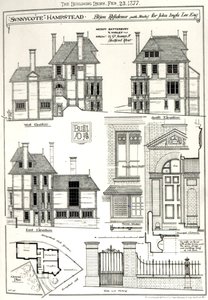 Résidence Bijou Sunnycote, Hampstead, (avec studio) pour John Ingle Lee Esq, de The Building News, 23 février 1877