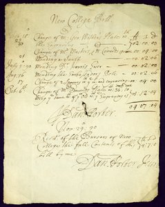 Facture de Daniel Porter à New College, 1690 - English School