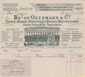 Facture de Oetzmann & Co, fabricants de meubles, tapissiers, fabricants de literie et fournisseurs de maison - English School