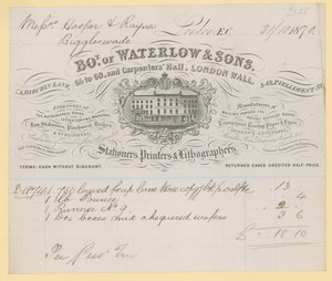 Facture de Waterlow and Sons, 66-68 Carpenters Hall, London Wall, papetiers - English School