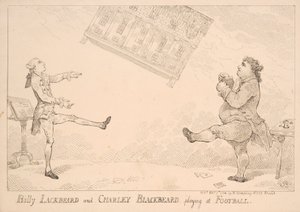 Billy Blackbeard et Charley Blackbeard jouant au football, caricature satirique faisant référence au East India Bill, publié par W. Humphrey, 1744 - English School