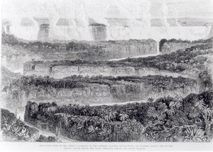 Vue aérienne des grandes cataractes du Zambèze (chutes Victoria) de Narrative of an Exhibition to the Zambesi and its Tributaries, publié en 1865 - English School
