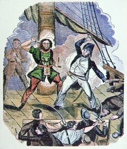 Le dernier combat de Barbe Noire (gravure en couleur) - English School