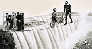 Blondin (François Gravelet) pousse une brouette sur une corde raide au-dessus des chutes du Niagara - English School