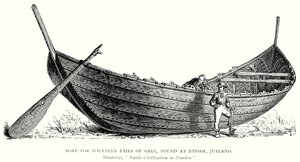 Bateau à quatorze paires de rames, trouvé à Nydam, Jutland (gravure) - English School