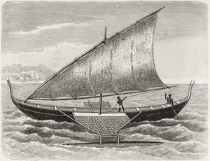 Bateau des îles Mortlock, avec balancier et voile en nattes de jonc, de 