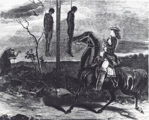 Corps de bandits de grand chemin exécutés pendus dans des gibets au bord de la route comme avertissement pour les autres criminels (lithographie) - English School