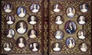 Couverture de livre avec vingt-deux miniatures de portraits de Charles II et des belles femmes de sa cour, 1833 - English School