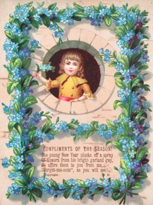 Garçon et guirlande de myosotis, Carte de Noël - English School