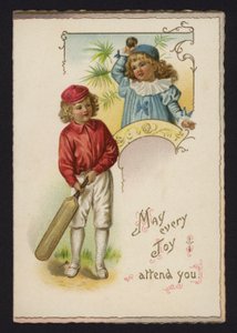 Garçon et fille jouant au cricket, carte de vœux, fin 19e ou début 20e siècle - English School
