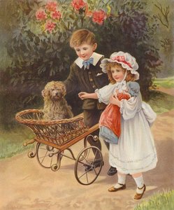 Garçon et fille poussant leur chien de compagnie dans un chariot - English School