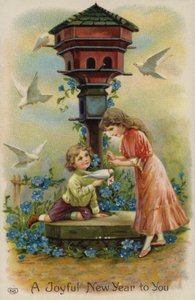 Garçon et fille envoyant des vœux de Noël par colombe - English School