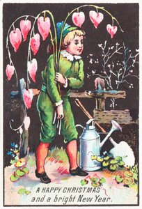 Garçon portant des fleurs de cœur saignant, carte de Noël