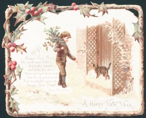 Garçon portant des branches de houx parlant à un chat, carte de Nouvel An - English School