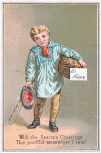 Garçon livrant un panier-cadeau, carte de Noël - English School