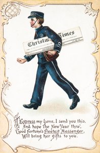 Garçon livrant le journal Christmas Times, carte de Noël - English School