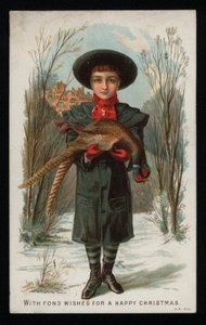 Garçon tenant un faisan, carte de vœux de Noël - English School