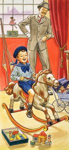 Garçon chevauchant un cheval à bascule - English School
