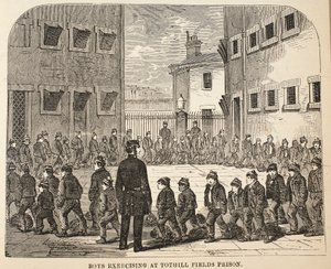 Garçons exerçant à la prison de Tothill Fields, illustration de The Criminal Prisons of London and Scenes from Prison Life par Henry Mayhew et John Binny, pub. 1862 - English School