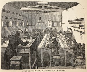 Salle de classe des garçons à la prison de Tothill Fields, illustration de The Criminal Prisons of London and Scenes from Prison Life par Henry Mayhew et John Binny, pub. 1862 - English School