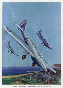 Bombardiers légers britanniques Fairey Battle plongeant vers le sol - English School