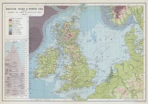 Îles britanniques et mer du Nord montrant la hauteur des terres et la profondeur de la mer - English School