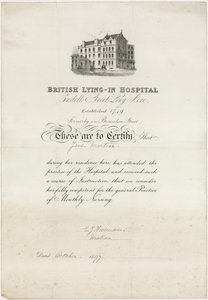 Hôpital britannique de maternité. Certificat de soins - English School