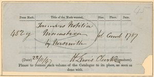 British Museum, Bon de Commande de Livre, 23 Novembre [18?]47 - English School