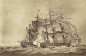 Frégate britannique HMS Santa Margarita, commandée par le capitaine Thomas Byam Martin, capturant la frégate française Tamise, juin 1796 (lithographie) - English School