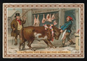 Boucher tirant un taureau dans sa boutique, carte de vœux de Noël - English School