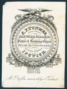 Carte de visite de C F Tunmer, sculpteur et doreur, fabricant de cadres pour tableaux et miroirs - English School