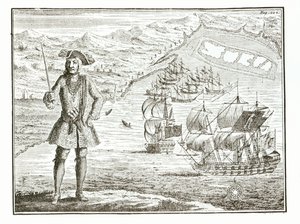 Capitaine Bartholomew Roberts (1682-1722) avec deux navires, le Royal Fortune et le Ranger prennent la mer à Whydah Road sur la côte de Guinée, 11 janvier 172? extrait de A General History of the Robberies and Murders of the most Notorious Pyrates - English School