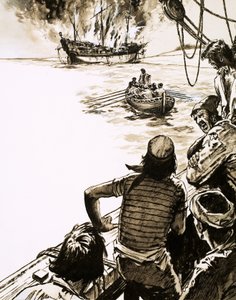Le capitaine Juan Sebastian del Cano brûle un de ses navires - English School